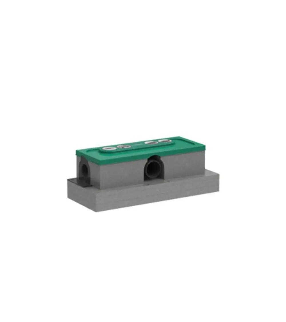 Hansgrohe Grundkörper für Duschrinnen, rechteckiges Gehäuse mit grünem Deckel und seitlichen Anschlussbohrungen, geeignet für Standardinstallation.